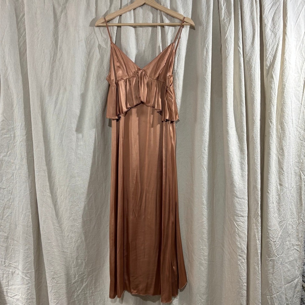 HM Satin Ruffle Tiered Midi Dress Copper Bronze V-Neck Adjustable Straps Size 10